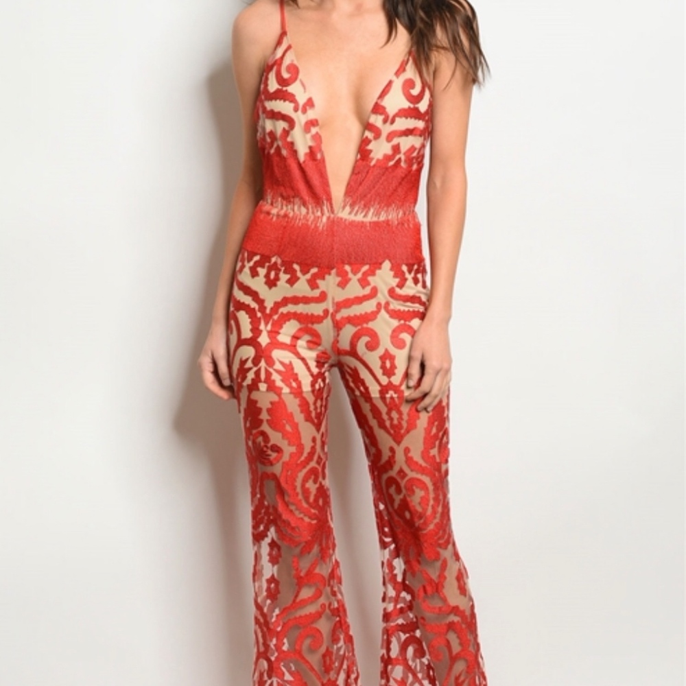 Medium Large Ladies Red Nude Deep V-Neck Glam Jumpsuit - Picture 3 of 3